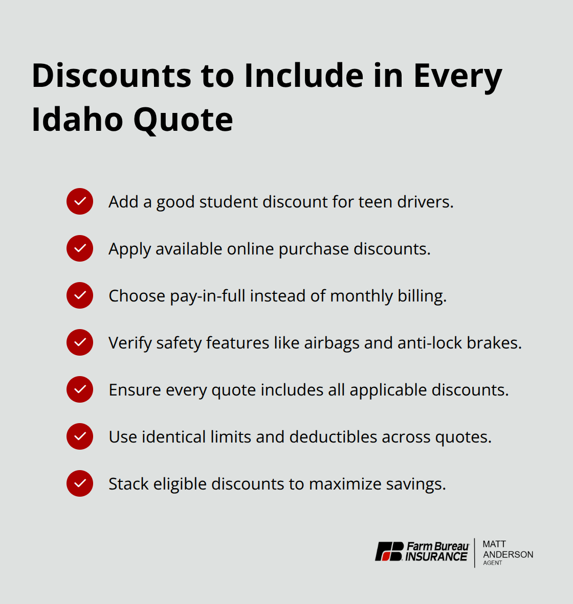 Checklist of common discounts to request on Idaho car insurance quotes