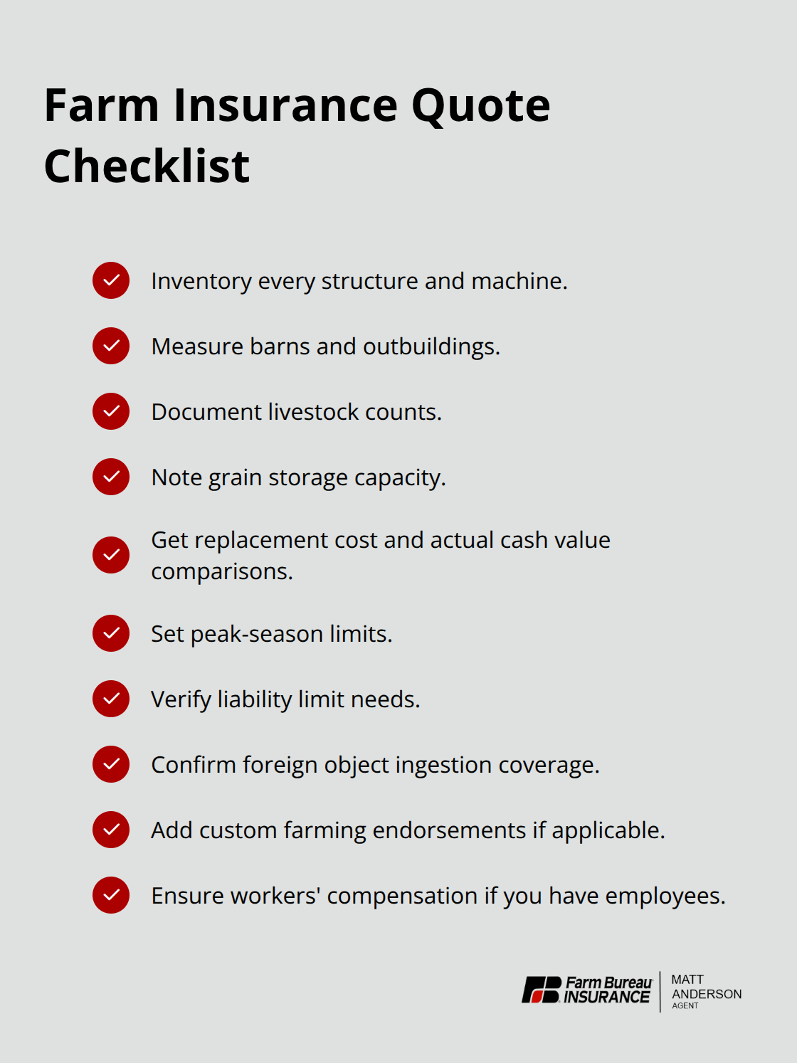 Checklist of items to confirm when requesting farm insurance quotes