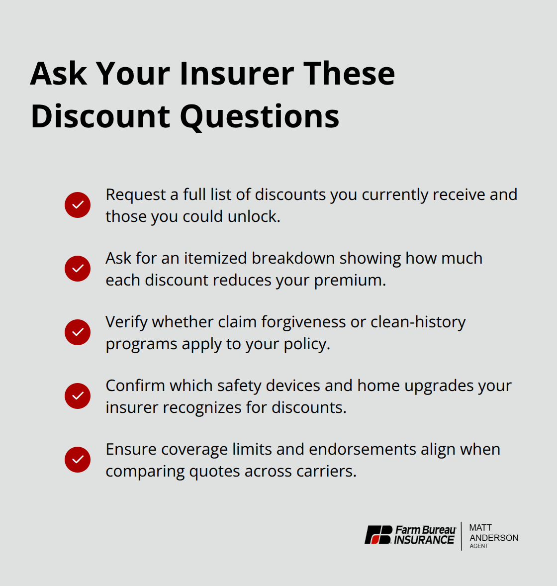 Checklist of key questions to request a complete discount inventory and itemized savings. - Idaho homeowners insurance discounts