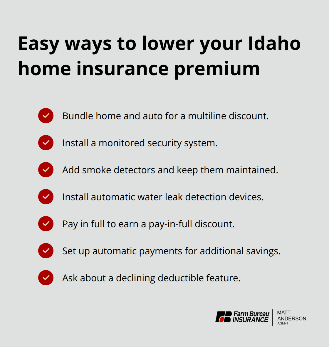 Checklist of discounts and features that can reduce Idaho homeowners insurance costs