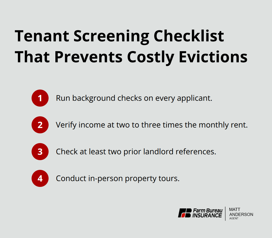 Compact checklist of essential tenant screening steps to reduce eviction risk and property damage. - Idaho rental property coverage